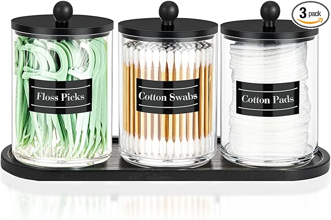 4 Pack 10 oz Acrylic Qtip Holder with Labels Dispenser- Bathroom Small Clear Plastic Canister Apothecary Jar Set Essentials Accessories Decor, Vanity Storage Organizer