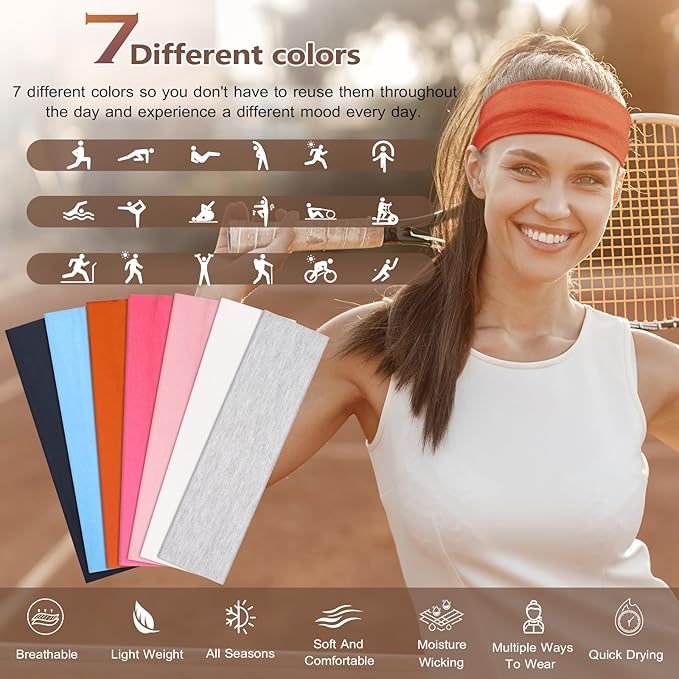 Headbands for Women, Stretchy Non Slip Soft Cotton Cloth Hair Bands for Sports, Workout, Yoga and Running, 7pcs