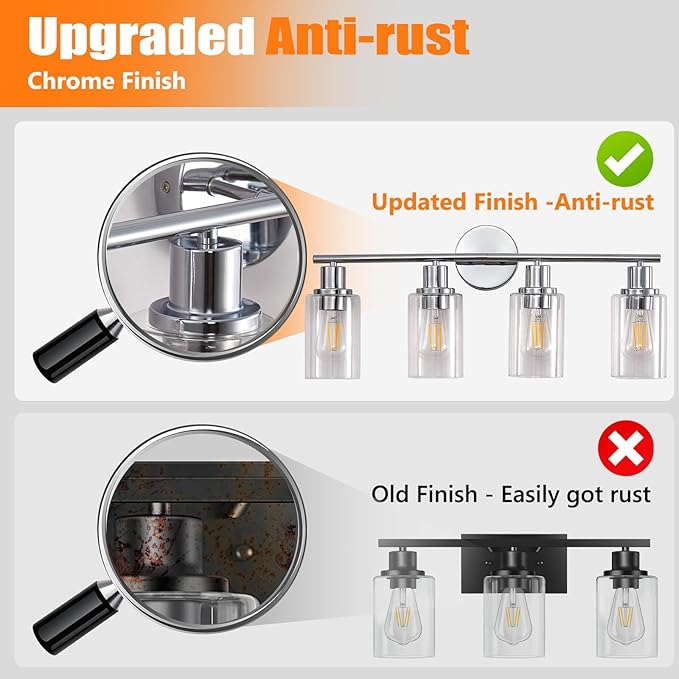 DLLT 4-Light Bathroom Light Fixtures: Chrome Modern Vanity Lights with 4 E26 Bulbs - Clear Glass Shade Bathroom Wall Lamp for Mirror Kitchen Living Room Hallway Cabinet Porch