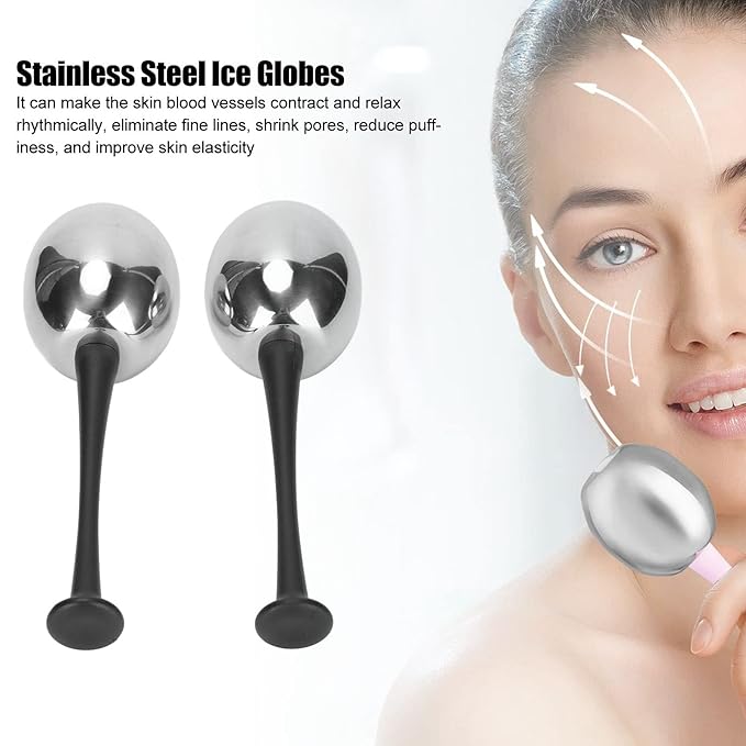 2pcs Facial Ice Globes Stainless Steel Facial,Massage Reduce Puffiness Eliminate Fine Lines Ice Globes Cryo Sticks for Skin Care,Targets Dark Circles,Puffiness,Wrinkles (Black Handle)