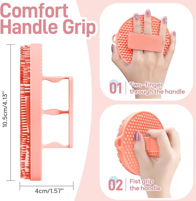 Upgrade Silicone Shower Foot Scrubber Mat & Silicone Body Scrubber Set, Large Wall-Mounted Back Scrubber Back Washer to Clean, Exfoliate and Massage Without Bending(Pink+Body Scrubber)