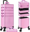 Profesional Rolling Makeup Train Case with Lid, 5 in 1 Cosmetology Case on Wheels, Large Cosmetic Trolley Organizer Travel for Hairstylist Artist Nail Beauty Salon Barber, Pink