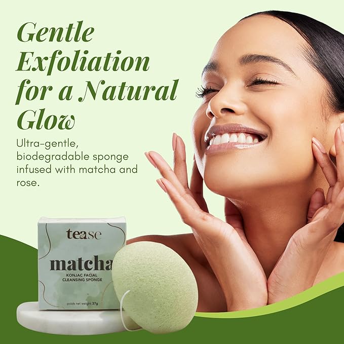 Tease Tea Facial Exfoliator Sponge - Matcha Konjac Facial Sponge, Face Sponge for Cleansing, Konjac Sponge, Exfoliating Sponge for Face, Facial Scrubber Infused with Matcha Green Tea for All Skin