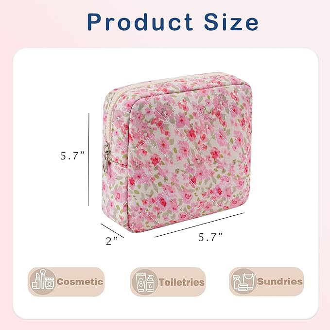 Small Quilted Cotton Makeup Bag for Purse, Cosmetic Bag with Compartments, Cotton Aesthetic Makeup Bag, Travel Toiletry Pouch, Lipstick Bag Card Holder Data Cable Organizer (15Small Pinkflower)