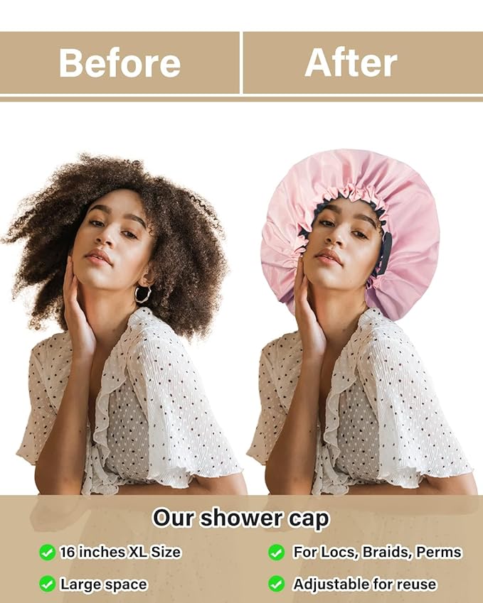 Aquior Shower Cap,Extra Adjustable Shower Caps for Women Double-Layer Waterproof Reusable Hair Cap, Large Size Hair Cap for All Hair,for Girls Spa Bath,Soft and Comfortable (Pink)
