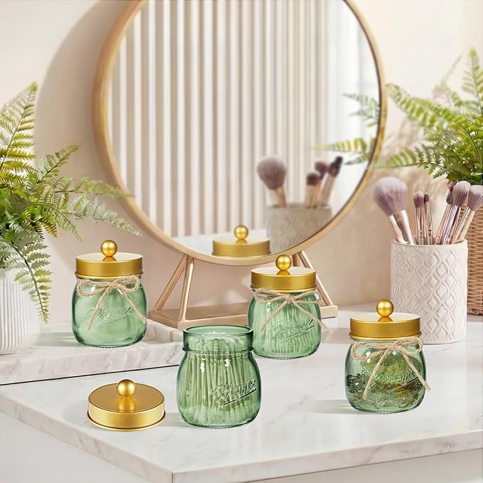 SheeChung Green Glass Qtip Holder Dispenser, Mason Jar Apothecary Jars with Lids, Bathroom Organizers and Storage, Vanity Countertop Canisters Set for Cotton Swab, Ball, Pad, Floss Pick-Gold, 3 Pack