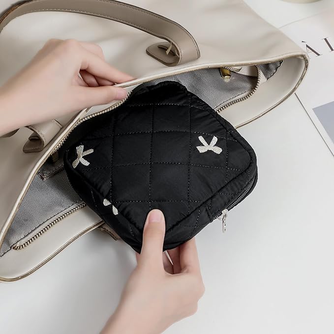 Small Quilted Cotton Makeup Bag for Purse, Cosmetic Bag with Compartments, Cotton Aesthetic Makeup Bag, Travel Toiletry Pouch, Key Pocket Lipstick Bag Card Holder Data Cable Organizer（05Black Bow）
