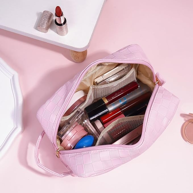 MAGEFY Makeup Bag, Checkered Travel Cosmetic Bag with Handle Leather Makeup Pouches for purse Make Up Bag Cute Makeup Bags for Women,Pink