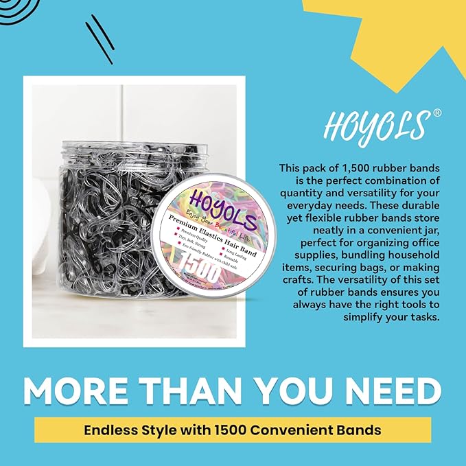 HOYOLS Clear & Black Elastic Hair Ties Rubber Bands Soft Ponytail Holder Mini Plastics Polyband for Women Girls 1500 Pcs Assorted Color Accessories TPU