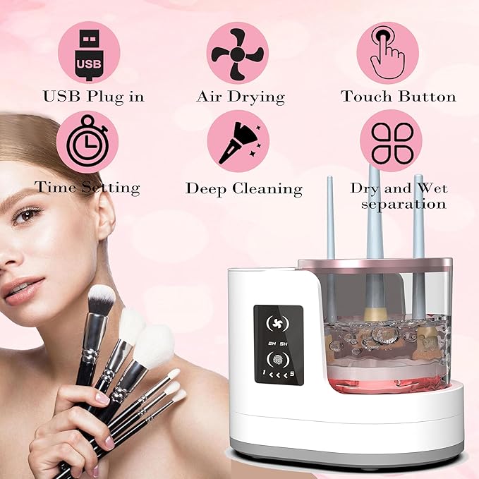 Makeup Brush Cleaner 3 in 1 Electric Makeup Brush Cleaner and Dryer, Automatic Makeup Brush Cleaner Machine with Multi-Hour Drying Settings, Portable Design for All Makeup Brush Types