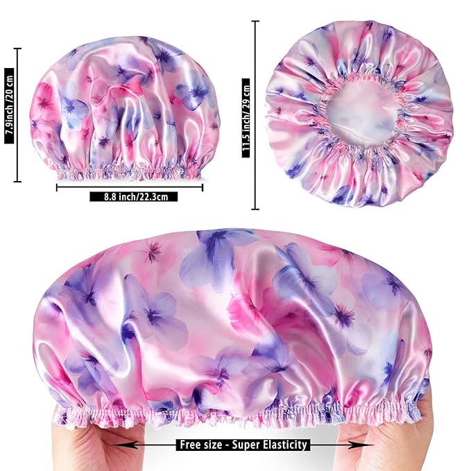 4 PCS Shower Caps for Women, Printing Bath Caps, Double Layers Shower Cap Reusable Waterproof, Bathing Shower Caps, Environmental Protection Hair Bath Hat - Flower C
