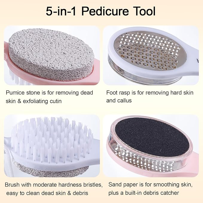 Foot Scrubber Brush with Pumice Stone for Feet 5-in-1, 2Pcs Foot File Callus Remover, Stainless Steel Feet Scraper, Cleaning Brush & Sand Paper Debris Catcher, Multi Purpose Home Foot Care, Pink White
