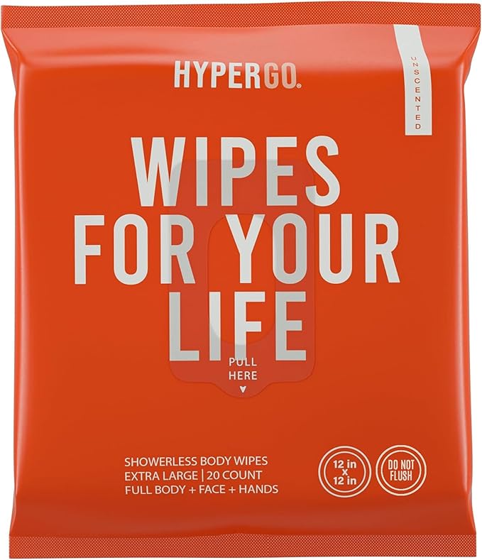 HyperGo Full-Body Rinse-Free Hypoallergenic Biodegradable Bathing Wipes –All Natural, Refreshing Anytime Anywhere, Post Workout, Camping, Travel, Daily Life, 12”x12” X-Large 20-count, Unscented 1 Pack