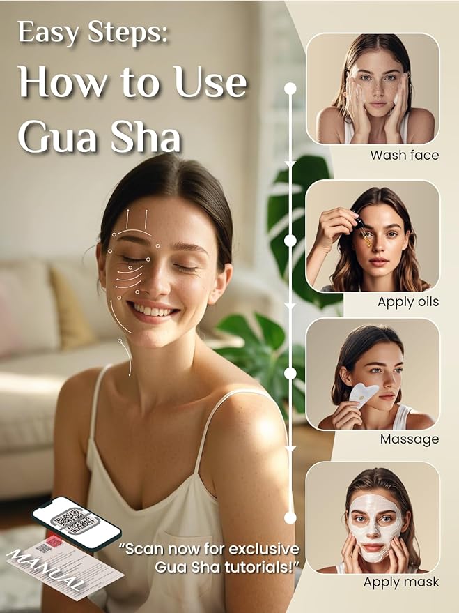 Rena Chris Gua Sha Facial Tools, Jade Guasha Tool for Acupuncture, Manual Massage Tool for Jawline Sculpting and Puffiness Reducing, Gua Sha Facial Massage Tool with Silicone Case (White)