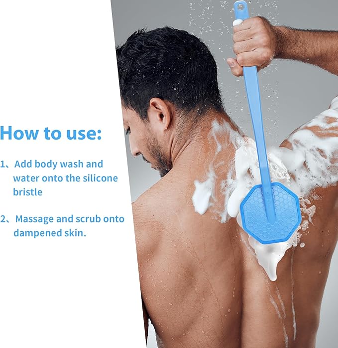 iTokGoK® Silver-Infused Silicone Back Scrubber with Long Handle Back Brush for Shower,Back Brush Long Handle for Men and Women,Ergonomic No-Slip Handle, Long-Lasting (Sky Blue)