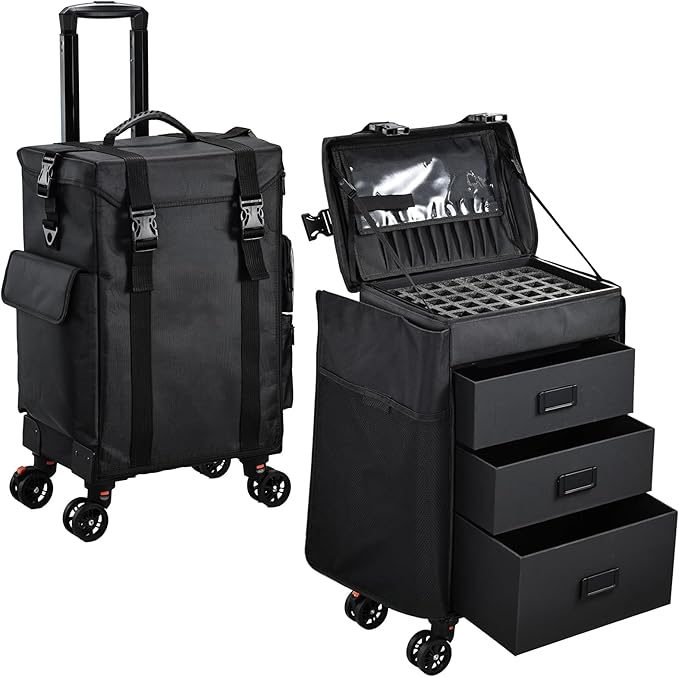 Stagiant Rolling Makeup Case 4 in 1 Soft Sided Professional Cosmetology Case on Wheels Freelance Makeup Artist Nylon Cosmetic Organize Storage Nail Technician Hair Stylist 3 Drawers Black