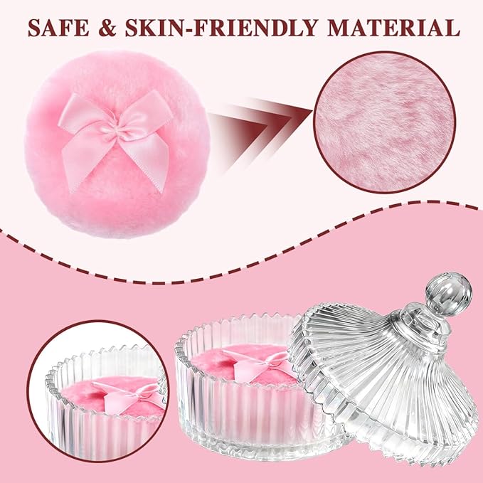 5 Pcs Extra Large Body Powder Puff and Container Set – 5.43" Oversize Crystal Powder Container | 3.54" Ultra-Soft Velour Puff, Washable & Reusable, Ideal for Face/Body Glitter & Wet/Dry Makeup