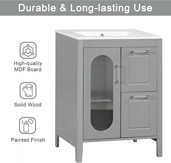 Harper & Bright Designs 24" Bathroom Vanity with Sink, Free Standing Single Basin Vanity Set with Two Drawers and Glass Door, Modern Wooden Bathroom Cabinet with Ceramic Basin for Bathroom, Grey