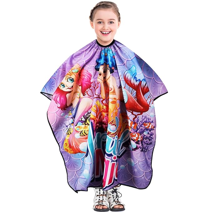 DOKKIA Barber Hair Cutting Cape Kids Children Toddler Boys Girls Hairdressing Salon Styling Cloth Apron Cover Gown with Neck Duster Brush Mermaid Tail Purple