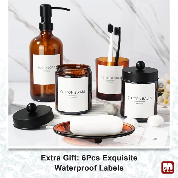 GMISUN Bathroom Accessories Set, 5 Pack Amber Glass Bath Accessory Sets Complete, Brown Soap Dispenser and Toothbrush Holder Bathroom Counter Sink Set with Labels, Rustic Modern Vintage Bathroom Decor