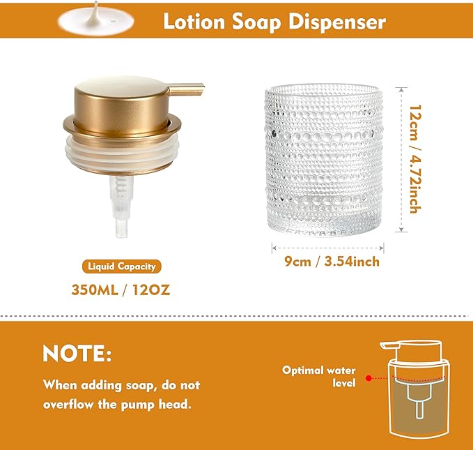 12 Oz Glass Soap Dispenser with Gold Pump, Clear Refillable Liquid Hand Soap Bottles for Bathroom, Cute Decorative Lotion Container for Dish Soap, Hand Soap