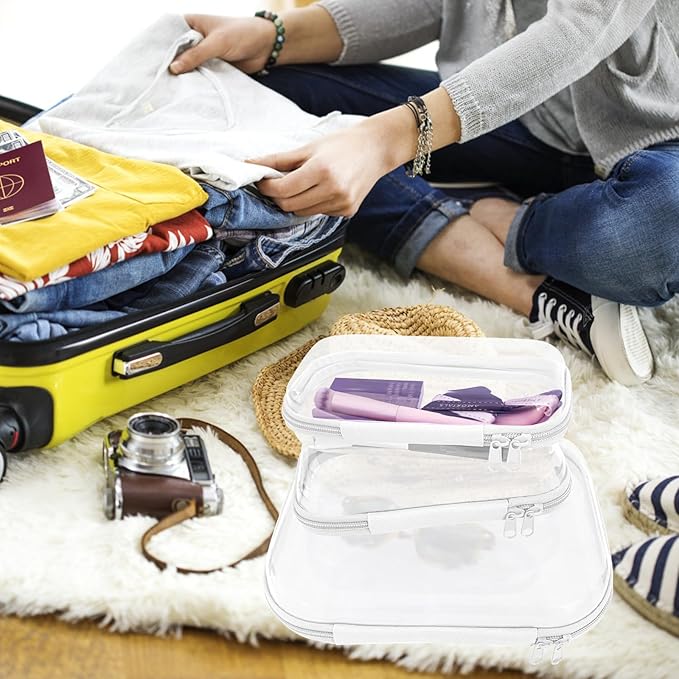 3 Pcs Clear Hard Zipper Case, Hard Shell Plastic Clear Organizer Bag, Transparent Makeup Pouches, Portable Box for Travel Toiletries Storage Bins (White)