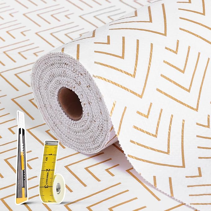 Shelf Liner for Kitchen Cabinets 12in x 10FT Non Adhesive Drawer Liner Non-Slip Thickened Shelf Liner Paper Strong Easy to Clean for Tool Box Refrigerator with Knife and Tape Measure, Gold Arrow