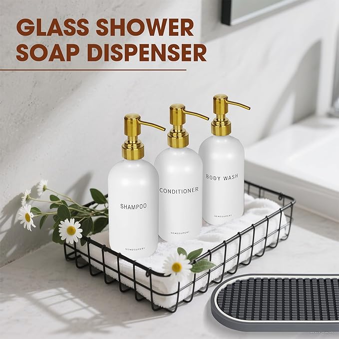 Glass Shampoo and Conditioner Dispenser-Shower Soap Dispenser for Bathroom -16.9 fl oz Set of 3 Refillable Glass Bottles with Pump and Labels-Shampoo Dispenser for Shower(White)