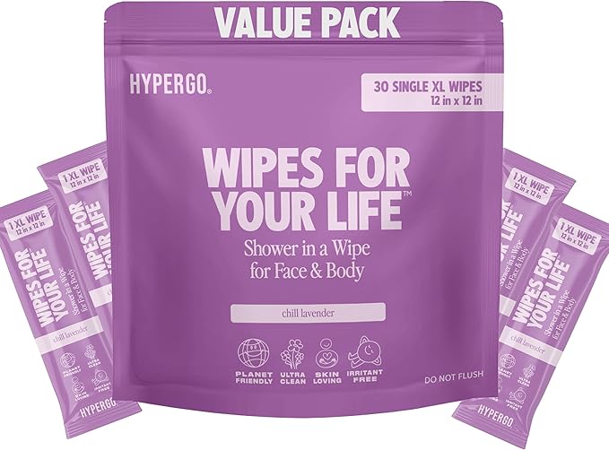 HyperGo XL Single Body Wipes for Women & Men – 12" x12" Rinse-Free Full Body Cleansing 30 Count Pack - Lavender | Biodegradable, Hypoallergenic, Aloe-Infused | Gym, Festival, Camping Essentials