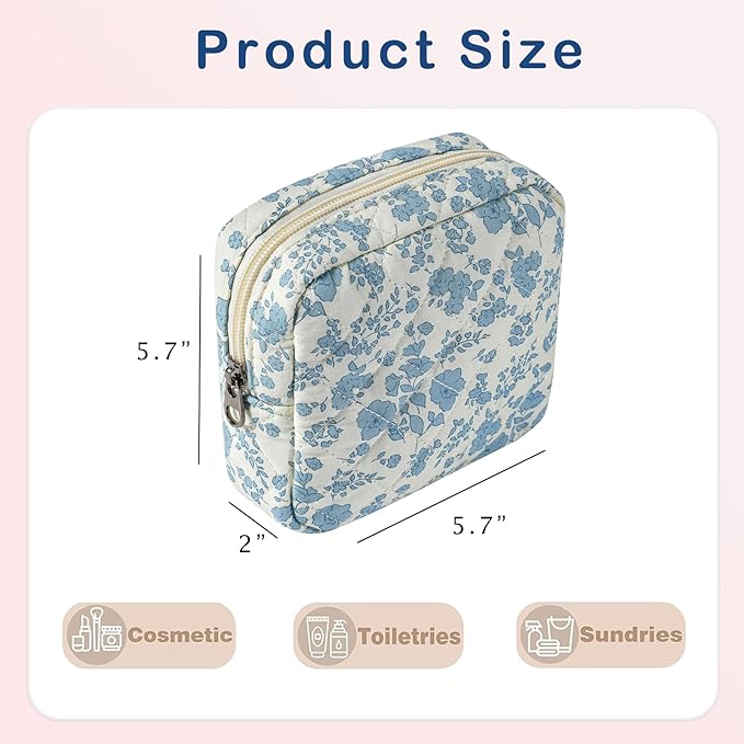 Small Quilted Cosmetic Pouch for Purse, Mini Cotton Makeup Bag with Compartments, Cute Zipper Lipstick Holder for Women (07LightBlue Flower)
