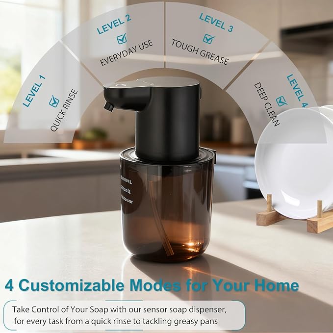 Automatic Soap Dispenser for Kitchen Sink - Wall-Mount & Countertop: 4-Level Adjustable, 13.5oz Clear Plastic IPX5 Rechargeable, Suitable for Kitchen Sink & Bathroom (Black)