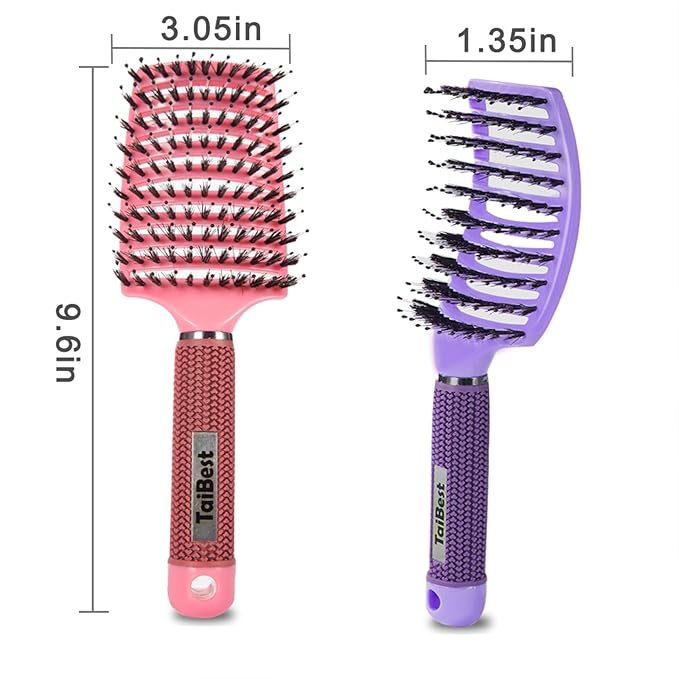 Boar Bristle Hair Brush Set - Dry/Wet Hair Brush Detangler for Fine, Thick, Curly Hair - Curved and Vented Hair Brush for Women, Men or Kids (Purple & Apricot Pink)