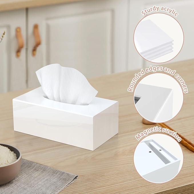 SILUT Acrylic Tissue Box Cover, Tissue Box Cover Rectangle, Modern Tissue Box Holder, Facial Tissue Cover for Bathroom, Kitchen Office Hotel - Shiny White