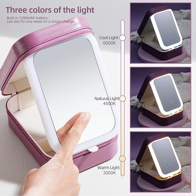 BS-MALL Travel Cosmetic Mirror Case LED Makeup Mirror Storage Case for Eyelash Station Brushes Cosmetic Tools On-the-go Makeup Needs (Rose Red)