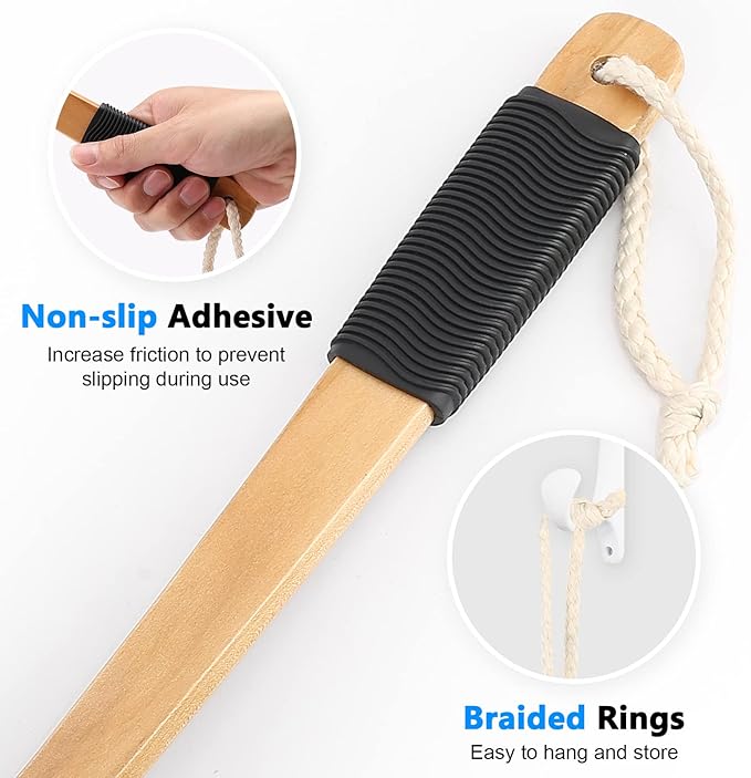 Long Loofah with Handle, Back Scrubber for Shower, Loofah on a Stick (19.09"), Black & White 4.72" Jumbo Mesh PE Pouf, Waterproof Coated Wooden Handle, Non-Slip Grip, Hanging Loop, Men & Women