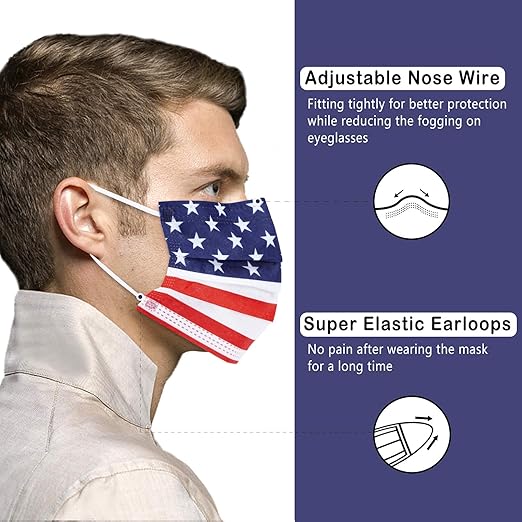 Borje Disposable Face Masks with Designs Patriotic Cute Face Mask 3 Ply USA Flag Print 50 Pcs