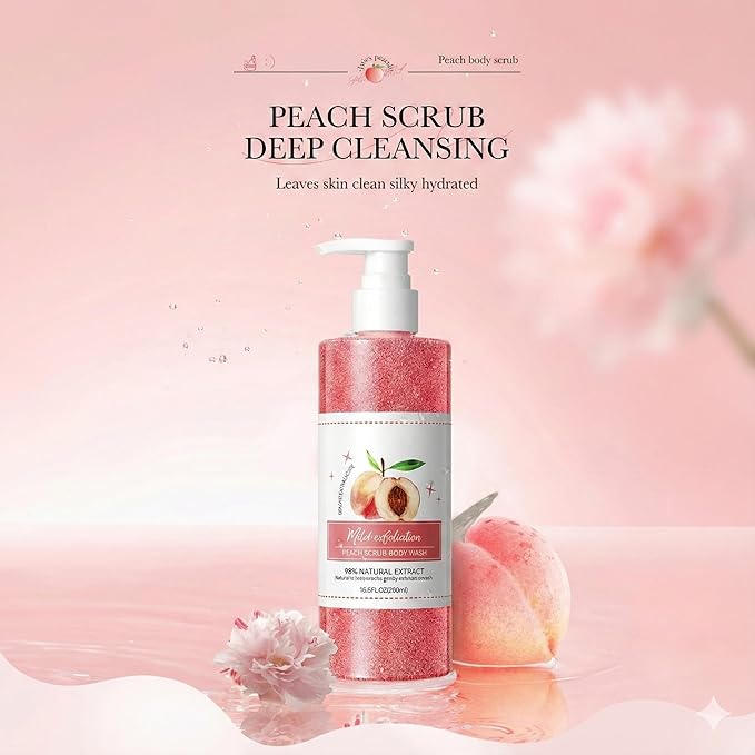 Peach Exfoliating Body Wash - [300ml] Hydrating Shower Gel with Natural Scrub - Sweet Peach Scented Body Polish for Soft Smooth Skin - Mild Daily Cleanser for Dryness
