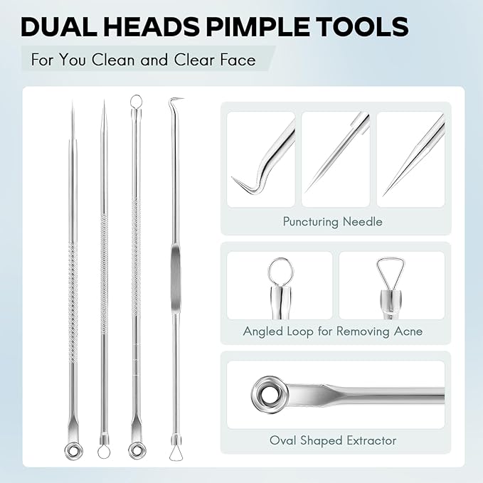FEITA Blackhead Remover Pimple Popper Tool Kit, Comedone Pimple Extractor Acne Tools for Face Nose, Stainless Acne Needle Zit Popping Removal Facials Tool, Silver 4Pcs