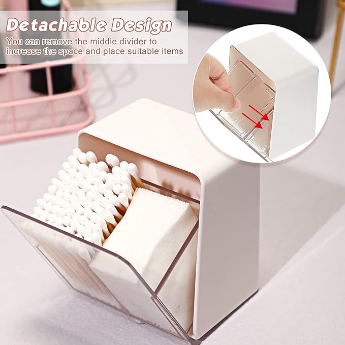 Sieral 2 Pcs Cotton Ball Holder Canisters for Cotton Swab/Pad/Ball Floss Dispenser Container Box with 2 Compartments Bathroom Storage Organizer with Clear Lid for Round Pads Makeup, White