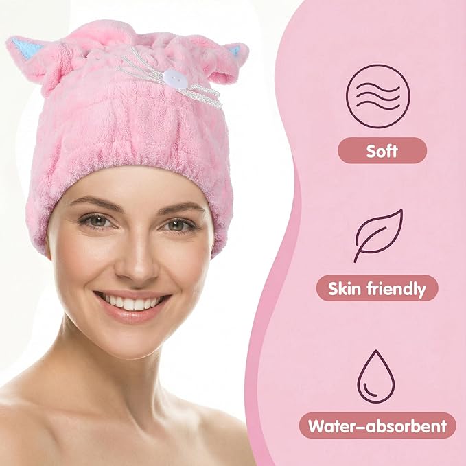 2Pcs Microfiber Hair Towel Wrap, Microfiber Hair Drying Towel Wraps with Cute Kitty Ears, Hairs Drying Caps, Ultra Absorbent Quick-Dry Turban Caps for Women & Girls (Pink & Blue 10.6" L x 9" W)