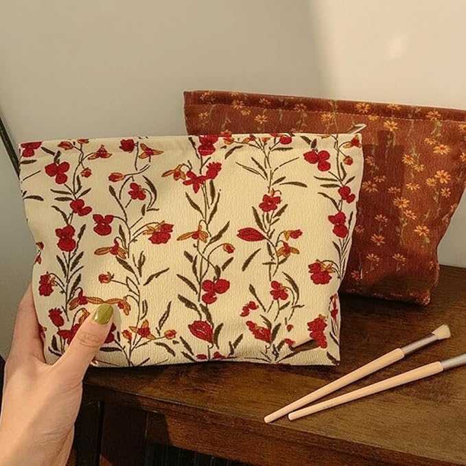 SxoSyo Makeup Bag for Women Cosmetic Bags Large Make up Brushes Pouch Travel Toiletry Zipper Purse Organizer for Gifts (flowers and plants, Beige)