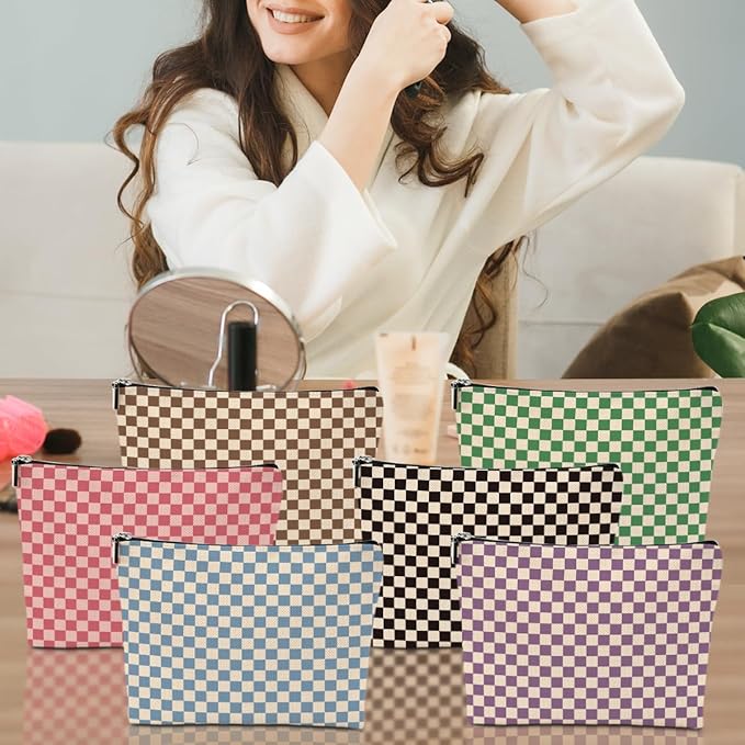 6 Pcs Checkered Makeup Bags Make up Bag Cosmetic Bags for Women Girls Sister Mom Teacher Graduation Christmas Birthday Travel Toiletry Bag Aesthetic Zipper Organizer Accessories, Cute Retro Plaid