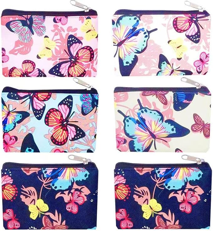 HappyDaily 6 Pack PU Leather Zipper Bags Makeup Bags Lipstick Cosmatic Organizer Storage Pouch Carrying Purse (Butterfly(Pink/Blue/White/Beige/Black), Small (3.1" x 5.1"))
