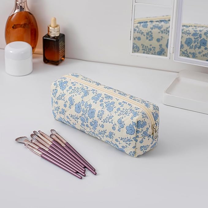 Cute Floral Makeup Brush Bag Small Cotton Quilted Cosmetic Bag for Women Travel Toiletry Zipper Make Up Pouch (Two Pack: (Blue + Pink Floral)