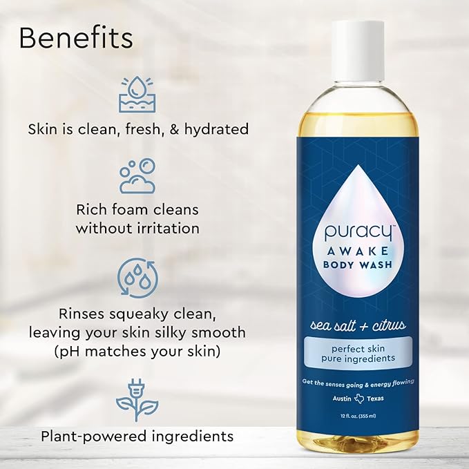 Puracy Body Wash - Natural Body Wash for Women, Men, Kids - Pure Plant Ingredients, Moisturizing Shower Gel, Body Soap for Dry Sensitive Skin, Gently Scented (Citrus Sea Salt, 12 oz/355 ml, 2 pack
