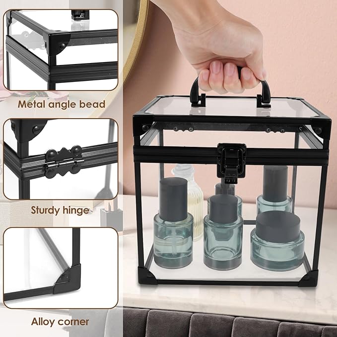 Makeup Box,Clear Cosmetic Case with Latches and Handle Large Capacity Toiletry Organizer Box Travel Makeup Tools for Vanity Bathroom Counter Dresser(black)