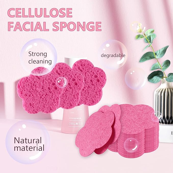 100-Count Facial Sponges Compressed Facial Sponges Natural Facial Cleansing Sponges Pads Cute Flower Shape Exfoliating Sponges for Cleansing Reusable,Best Makeup Gift, Pink