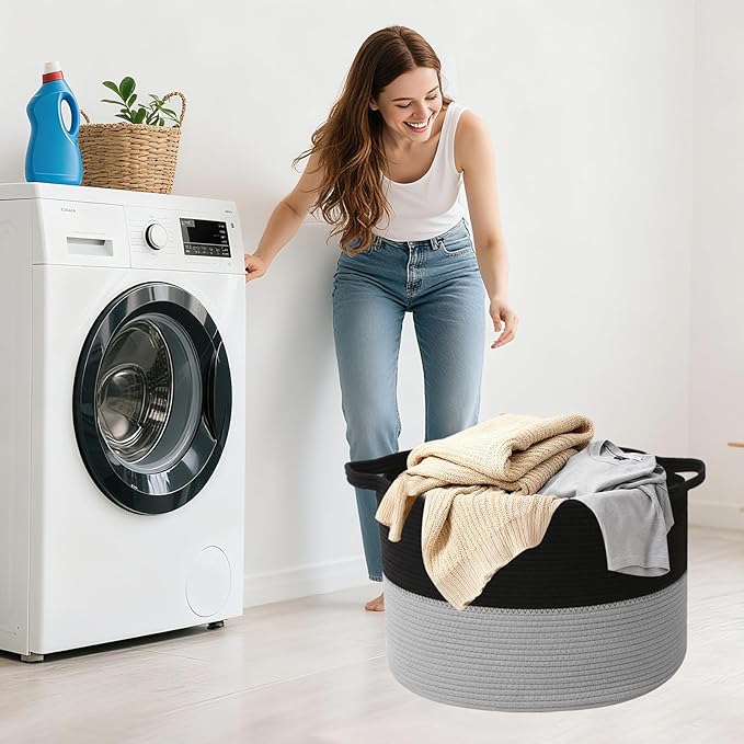 65L Large Blanket Basket,19.7"L x 19.7"W x 13"H Rope Woven Baskets with Handles, Toys Storage Bins,Laundry Basket Perfect for Living Room, Nursery,Bedroom,Home Organization,Black&Light Grey