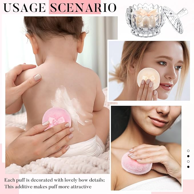 Tioncy 3 Pcs Large Body Powder Puff and Container Valentine's Day gift Powder Container with Puff Crystal Case Soft Washable Reusable Velour Face Body Glitter Wet Dry Makeup(Scalloped,Transparent)