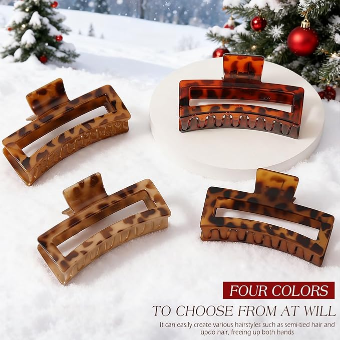 4 PCS 5 Inch Extra Large Claw Clip for Women, Tortoise Shell Jumbo Claw Clips for Thick Long Curly Hair, Rectangle Strong Hold Hair Clip, Non-slip Square Durable Hair Accessories for Hat